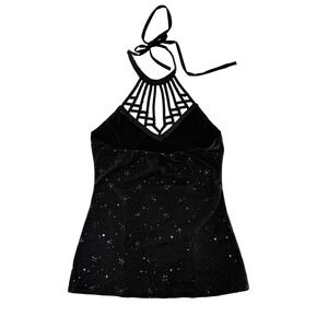 Blu:m Womens Black Sequin Beaded Cage Halter Top Size M Made in‎ USA 335 EP